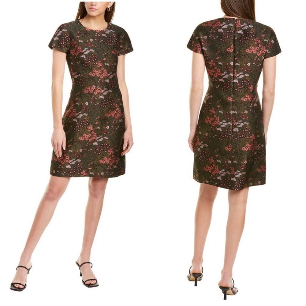 Michael Kors Collection Floral Brocade A-Line Dress In Rosewood And Spruce